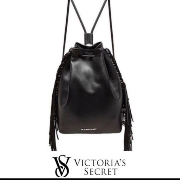 Victoria's Secret Handbags - NWT, VS black faux leather fringed backpack